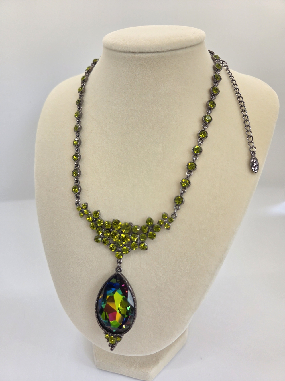 Brilliant Green Crystal Cluster Necklace with Large Teardrop Pendant, Vintage